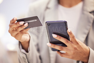 Buy stock photo Ecommerce, fintech business woman with smartphone and credit card doing financial payment, online shopping or banking. Corporate finance hands using a secure and safe digital banking app or software