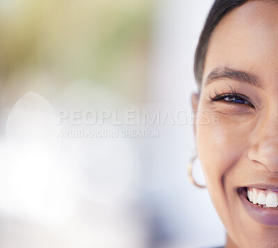 Buy stock photo Half face portrait of a young woman with beautiful, smooth and clear skin with copy space. Closeup of a happy girl with glowing skin after a facial spa treatment for wellness, bodycare and skincare.
