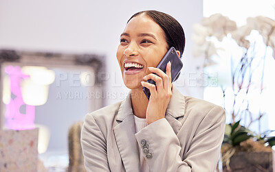 Buy stock photo Happy woman smile while on a phone call with a contact while laughing and talking indoor at the store. Business woman networking while in a shopping mall with a mobile 5g smartphone for communication