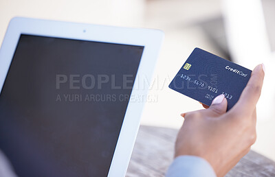 Buy stock photo Business person banking on tablet with credit card, shopping for online purchase on finance mobile app and buying product on the web with technology. Hand of person doing digital financial payment