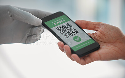 Buy stock photo Covid passport, QR code and travel restrictions with a phone in the hands of people waiting in airport. Healthcare, safety and control during the global and international corona virus pandemic