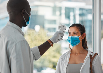 Buy stock photo Covid regulations, fever check and mask protection for public safety. Virus monitor for people with health risk and potential illness. Omicron and coronavirus medical security with thermometer.