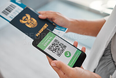 Buy stock photo Covid travel passport, digital qr code certificate on phone for vaccine health and airport security identity document. Refugee and passenger immigration with mobile app for corona virus safety data