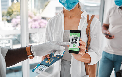 Buy stock photo Covid passport, travel and QR code with immigration, travel and safety at an airport with security during travel restrictions. Identity document and refugee in a mask in the corona virus pandemic