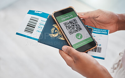 Buy stock photo Covid passport, travel regulations and medical result on mobile phone. Foreign flight and virus control for safety of airport passenger. Protection for people at risk to get sick with corona.
