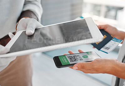 Buy stock photo Covid safety, travel passport and qr code closeup of digital vaccine status for safety at airport. Corona regulations and certificate result on mobile for passenger with health immunity from virus.