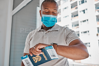 Buy stock photo Covid, immigration and passport man with face mask for corona virus and travel restrictions or airport delay. Black man checking time and late due document problem, covid 19 compliance and regulation