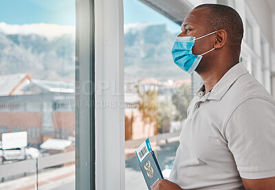Buy stock photo Man at airport with covid passport, travel visa and mask for plane flight of international immigration. Tourist, traveller and passenger waiting at window for airplane departure in corona pandemic