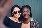 Selfie, friends and travel with happy diverse women feeling cheerful while smiling for a fun social media picture or friendship post. Portrait of girls bonding, traveling and spending time together