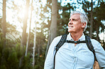 Senior man walking on hike in nature, looking at view on mountain and hiking on a relaxing getaway vacation alone in the countryside. Retired, mature and happy guy on walk for exercise and fitness