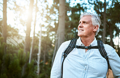 Buy stock photo Senior man walking on hike in nature, looking at view on mountain and hiking on a relaxing getaway vacation alone in the countryside. Retired, mature and happy guy on walk for exercise and fitness