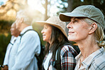 Hiking, adventure and exploring with a group of senior friends enjoying a walk or nature hike in the forest or woods outdoors. Closeup of mature retired people on a journey for outside discovery.