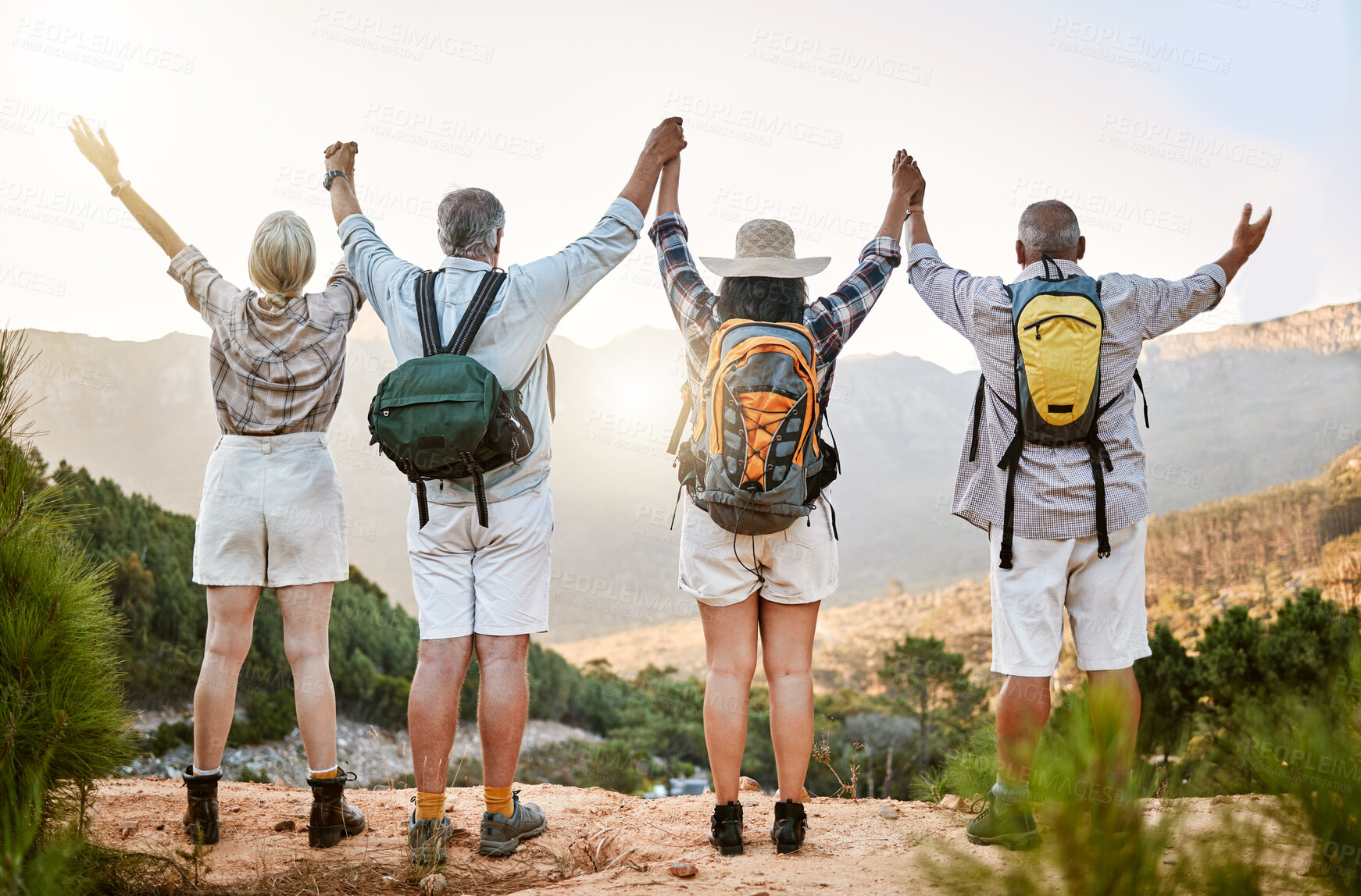 Buy stock photo Celebrating freedom, fun and hiking with a group of senior friends taking a mountain hike and enjoying the view. Rearview of retired friends spending time together and bonding in the forest or woods