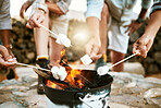 Melting marshmallows by a fire on a nature getaway vacation, group bonding and relaxing together outside with candy in the mountain. People on a wellness holiday enjoying freedom and delicious food