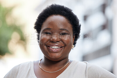 Buy stock photo Portrait face happy black business woman smiling in the city, looking excited to start her new corporate job. African American employee joyful at the start of career, motivation, ambition and vision
