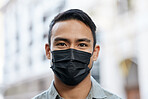 Face mask, man or covid compliance portrait and motivation vision to stop global danger virus. Asian city headshot, street pedestrian or immigration people on morning commute and buildings background