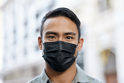Buy stock photo Face mask, man or covid compliance portrait and motivation vision to stop global danger virus. Asian city headshot, street pedestrian or immigration people on morning commute and buildings background