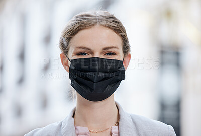 Buy stock photo Covid face mask and business woman in city with happy portrait, vision for future success and leadership. Trust, care and responsible leader, boss or compliance manager preventing the spread of virus