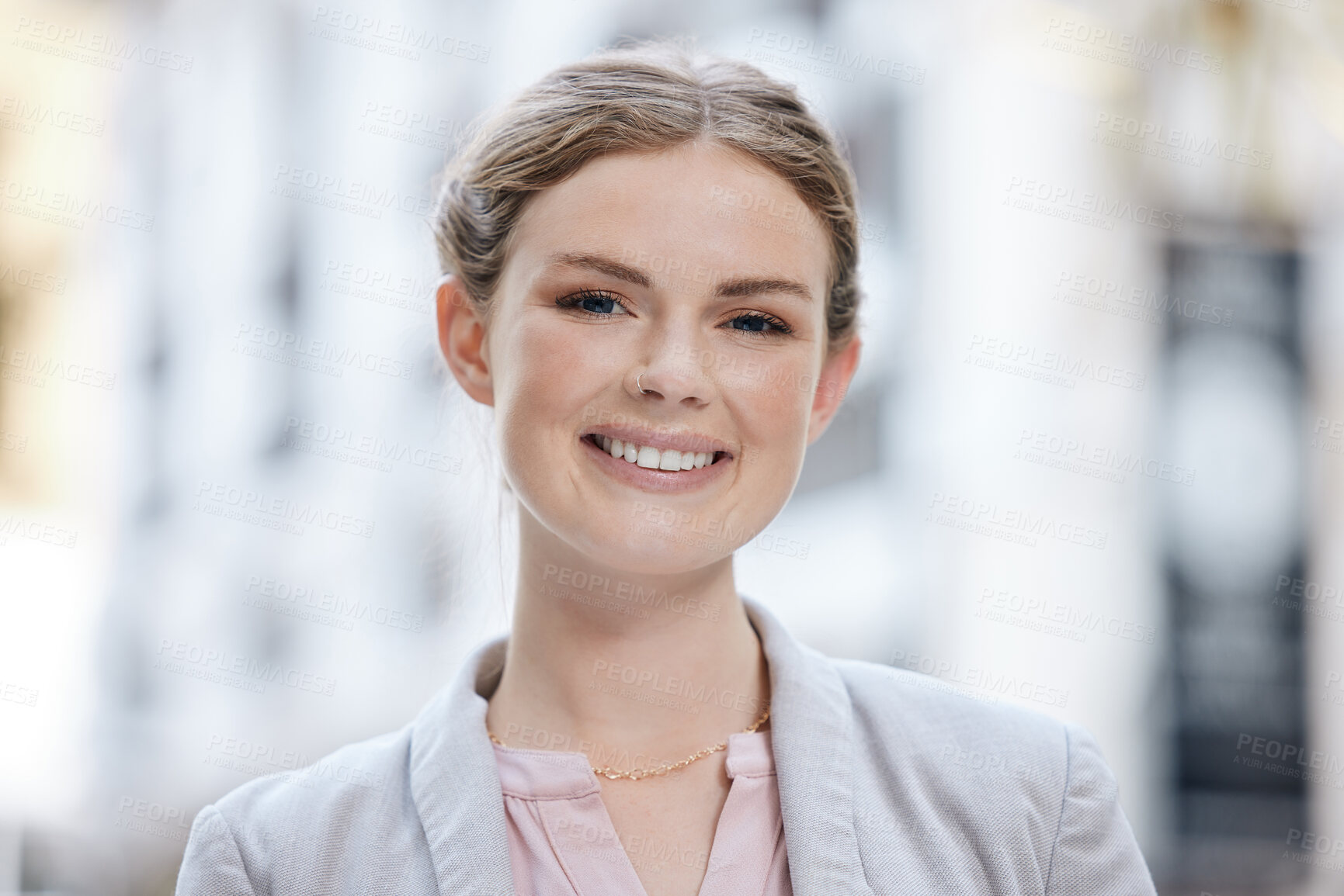 Buy stock photo Portrait of a smile of a happy woman entrepreneur outside with vision for a success in business and her startup company. Corporate worker, startup or manager face looking cheerful with motivated