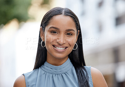Buy stock photo Happy fashion business woman leader with a vision, mindset and motivation for success. Portrait smile of a young entrepreneur or corporate professional face with bokeh and city street background