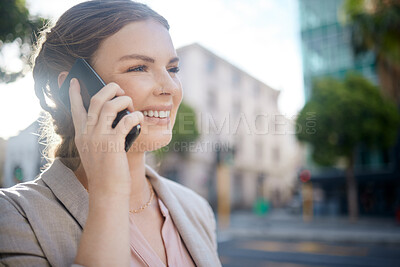 Buy stock photo Marketing, motivation and vision with phone call by a woman talking while out in the city, happy and excited. Young entrepreneur getting good news of interested investor, smiling and discussing goal