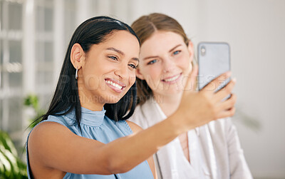 Buy stock photo Business women taking team selfie for social media on phone as a happy, smile and success collaboration in a startup agency. Friends, diversity staff and creative worker with motivation in office