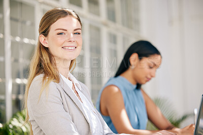 Buy stock photo Business woman, employee and worker with motivation and vision for success working in an office startup. Portrait of smile, happy and young professional, designer and creative staff in an agency
