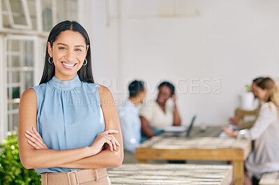 Buy stock photo Portrait of a creative woman working in an outdoor garden with a team on a business project. Happy, professional and corporate leader standing outside the company office doing teamwork with workers.