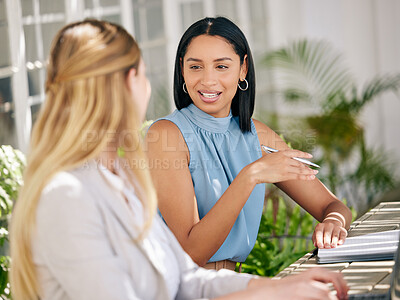 Buy stock photo Business woman talking, speaking and planning with team collaboration in office startup. Employee, worker and young professional in meeting, discussion and conversation about strategy idea in agency