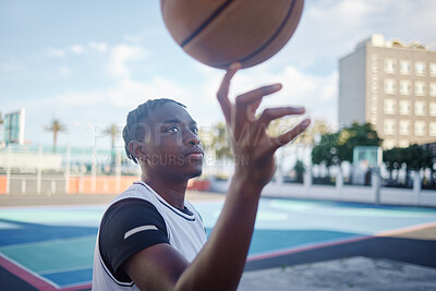 Buy stock photo Basketball sports black man or athlete at court with ball for practice and to train for match or game competition. Young man or player playing and training in sport for exercise, fitness and wellness