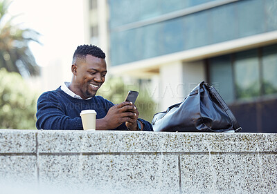 Buy stock photo Business man working on 5g phone, social media for communication and chatting on messaging app on smartphone in urban city. Happy corporate professional worker smile at email and traveling to office