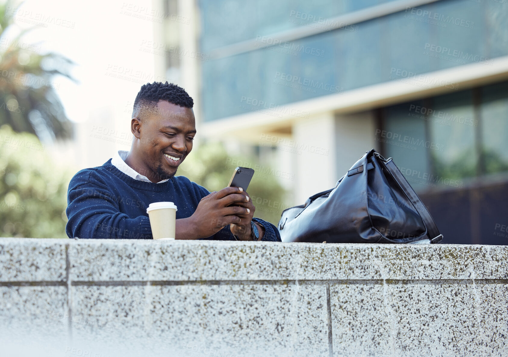 Buy stock photo Business man working on 5g phone, social media for communication and chatting on messaging app on smartphone in urban city. Happy corporate professional worker smile at email and traveling to office