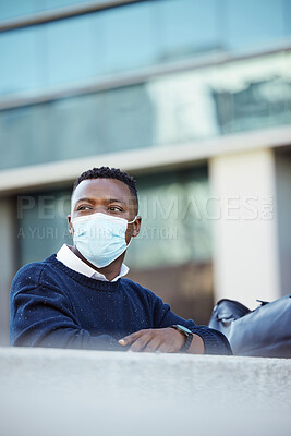 Buy stock photo Covid, travel restrictions and immigration with a man in a mask waiting outside of the airport in the day. Flight delay and ban due to safety, control and regulations in the corona virus pandemic