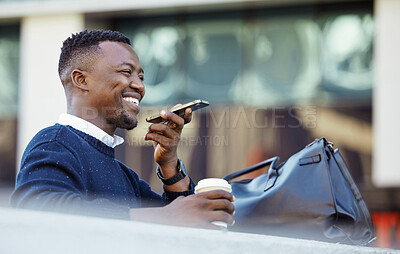 Buy stock photo Happy black man talking on phone, travel for business in a city, sitting outside while using tech to communicate. Carefree African American planning, asking Siri assistance, voice to text audio memo