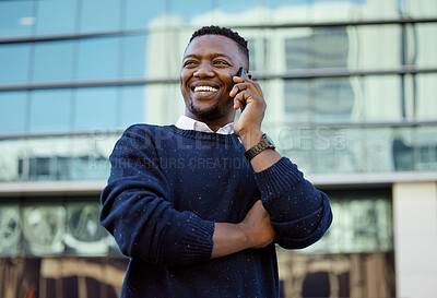 Buy stock photo Phone, communication and networking with a business man talking on a call outside in the city in the day. Vision, motivation and conversation for growth, development and the future of his company