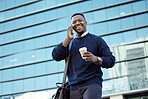 Coffee break and businessman on phone call with smile, talking or having business communication online, contact us and company background. Corporate professional black man networking with smartphone