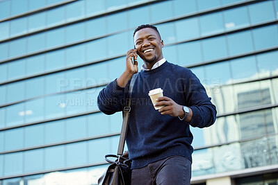 Buy stock photo Coffee break and businessman on phone call with smile, talking or having business communication online, contact us and company background. Corporate professional black man networking with smartphone