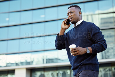 Buy stock photo Business man talking on phone call, mobile communication with coffee in city and planning work with conversation on 5g smartphone. Frustrated and concerned employee and worker in discussion on tech