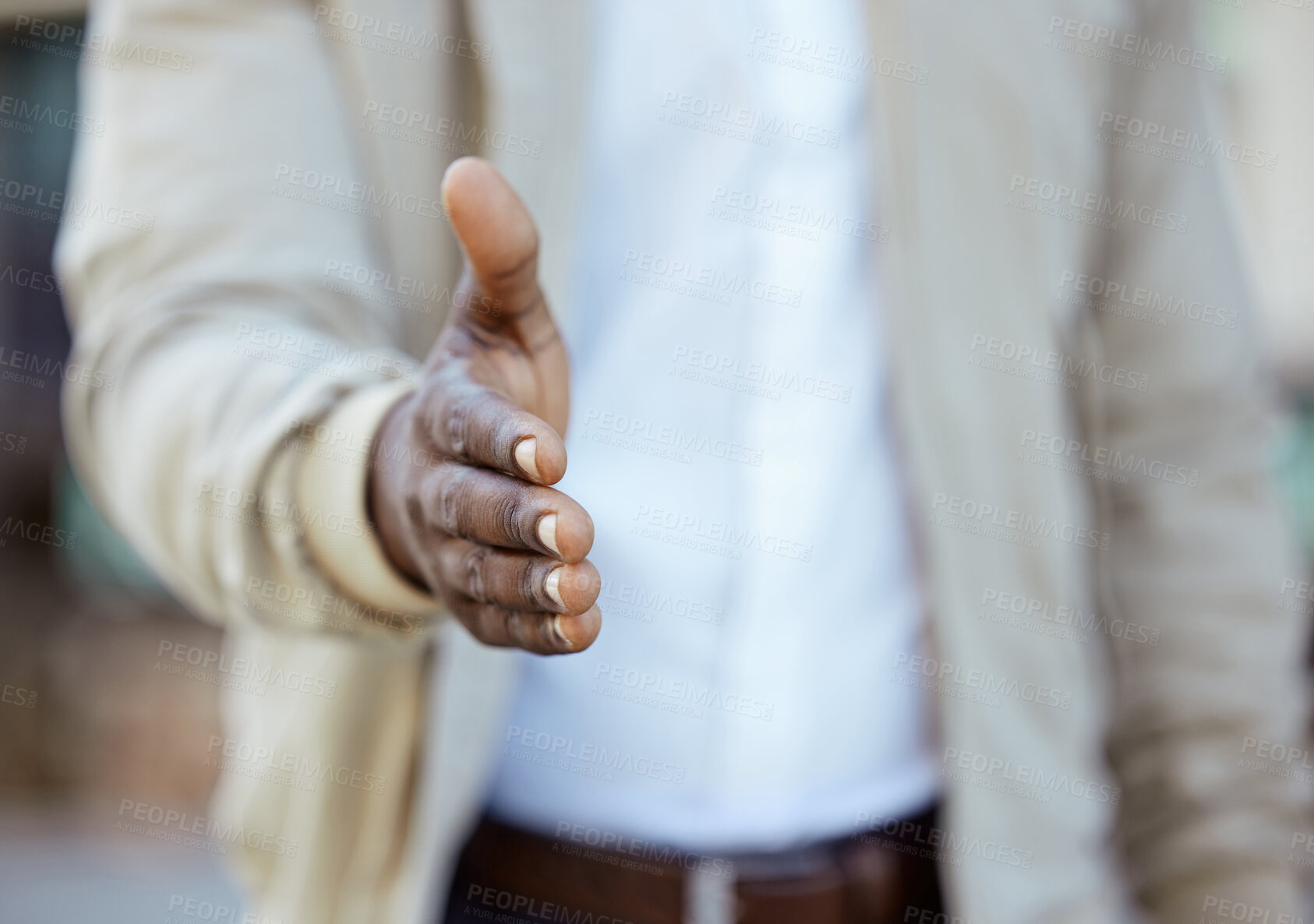 Buy stock photo Businessman hands with a handshake greeting or deal on collaboration with a b2b agreement. Closeup of a successful African man working in management welcoming a corporate partnership during interview