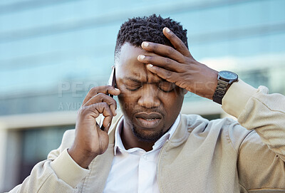 Buy stock photo Stressed, pain and tired business man on an annoying phone call outdoors in a city feeling angry and disappointed. Frustrated, unhappy or sick entrepreneur with a headache or migraine