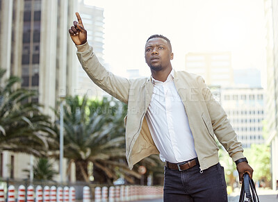 Buy stock photo Travel, traffic and businessman try to stop taxi or transport driver to go to work, business meeting or airport to catch a plane. Business man in urban city, on the road and catching cab or car ride