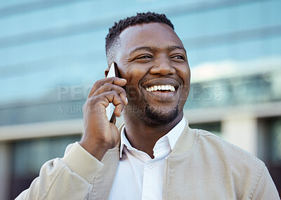 Buy stock photo Man on a phone call outside a building in the street receiving news after winning online game. Happy guy getting corporate promotion at work. Winner excited about success and victory on smartphone.