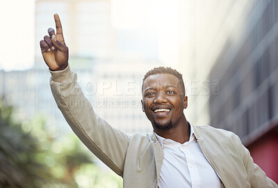 Buy stock photo Businessman, travel and call taxi driver in traffic in the morning work, transportation to an airport to catch a flight. Young man in an urban city, on the road and catching transport or car ride
