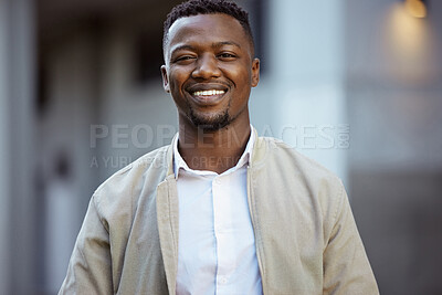 Buy stock photo Portrait of travel business man in city waiting to go to work, conference or strategy business meeting portrait. Businessman, sales man or worker standing outdoor for transportation to workplace