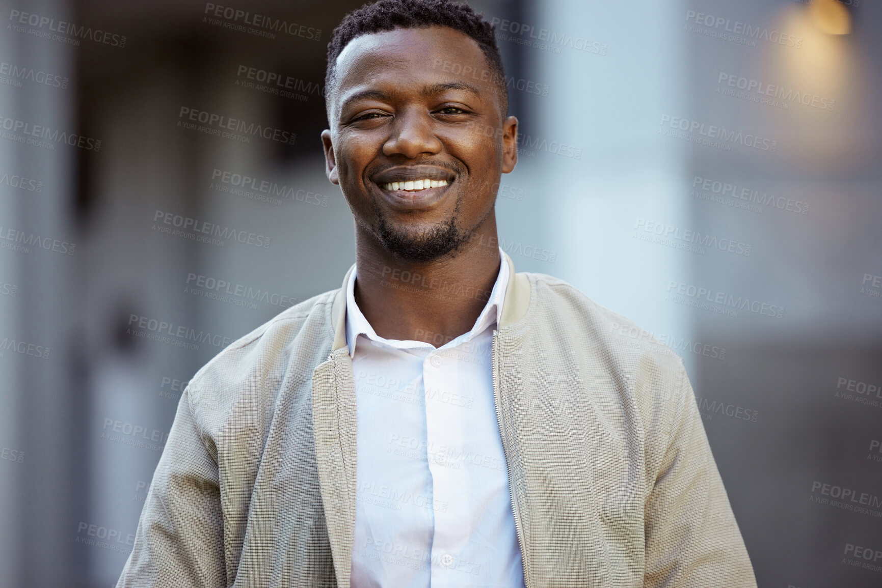 Buy stock photo Portrait of travel business man in city waiting to go to work, conference or strategy business meeting portrait. Businessman, sales man or worker standing outdoor for transportation to workplace