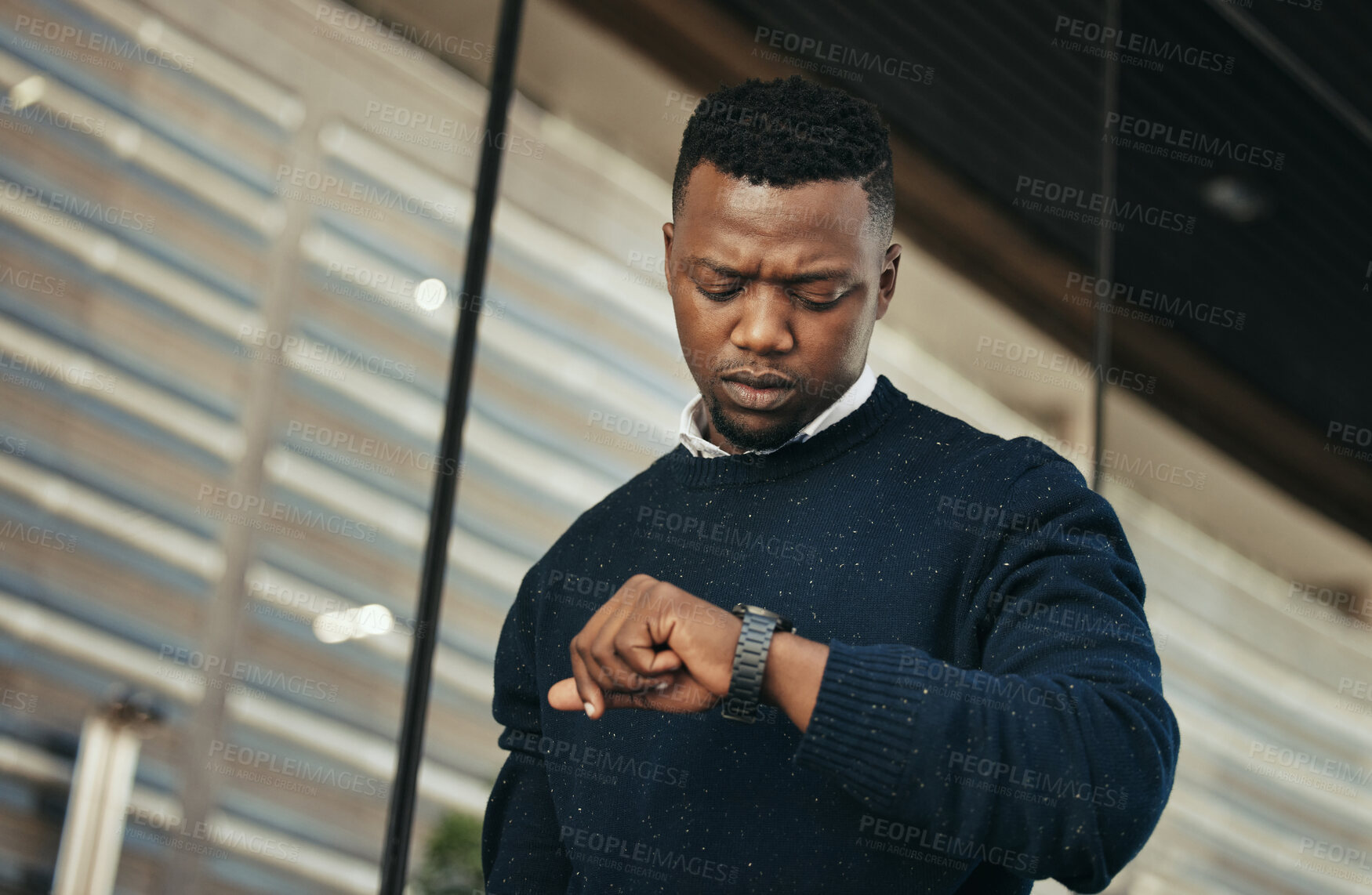 Buy stock photo Time, watch at an airport for travel with a businessman looking at his wristwatch. Entrepreneur check the hour for a flight, an appointment or an airplane schedule in the morning to get transport
