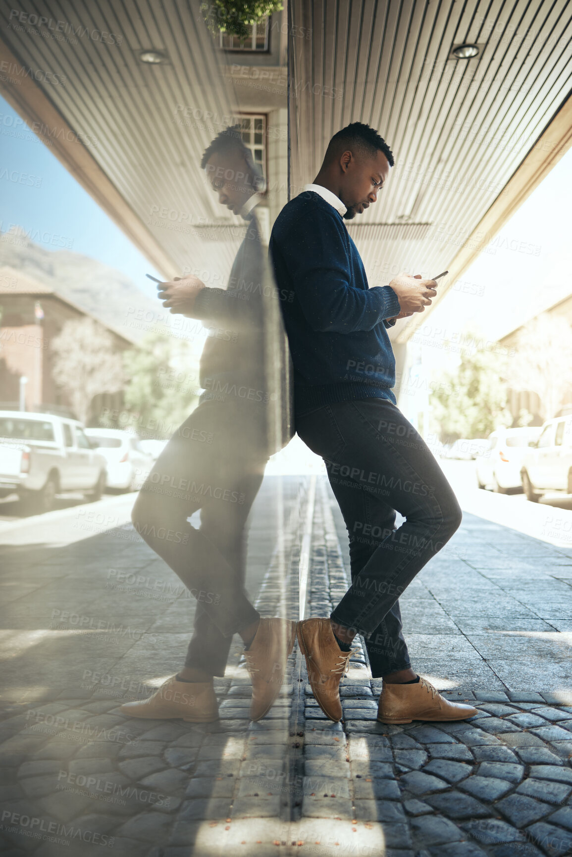 Buy stock photo Business man typing on 5g phone, social media on cellphone in city and marketing on internet for work. Corporate employee and worker with mobile technology in hand and conversation on app online