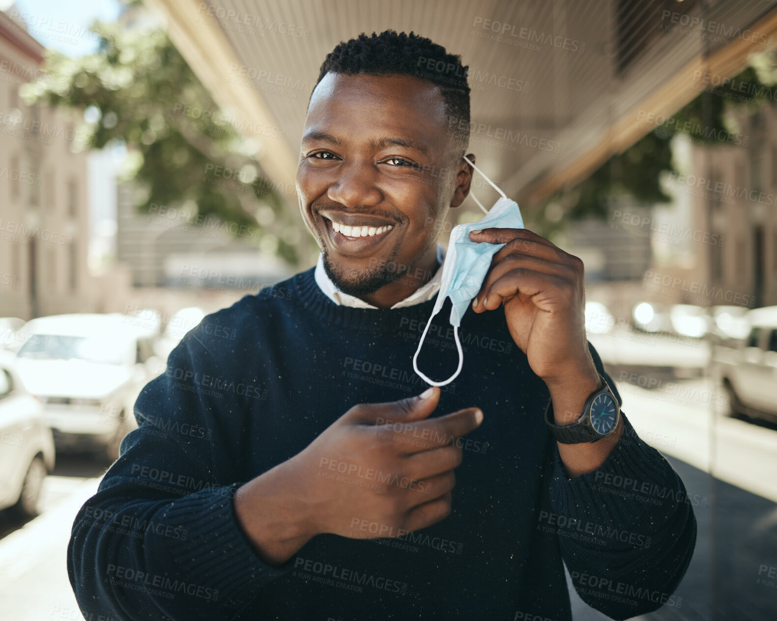 Buy stock photo Post covid travel, working businessman with mask in city after lockdown restrictions and pandemic. African worker travel, closeup portrait employee smiling and change covid19 job safety regulations.