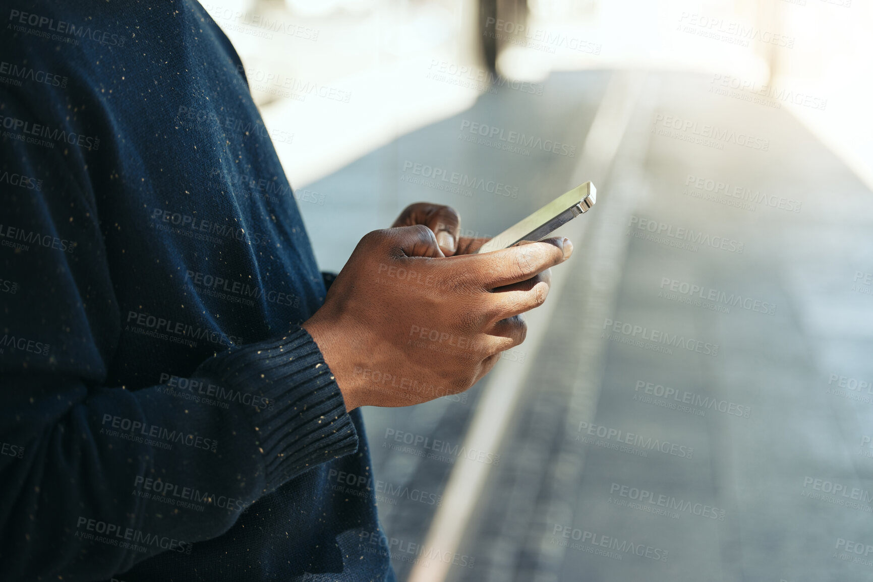 Buy stock photo Hands, phone or networking on social media app, internet search or digital iot. Closeup black man with 5g communication technology planning schedule, writing email or using contact us page on website