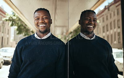 Buy stock photo Business man, mirror wall reflection and relax on travel to work in urban city portrait. Happy Manager, corporate worker with smile or employee working in finance, law or design going to company job